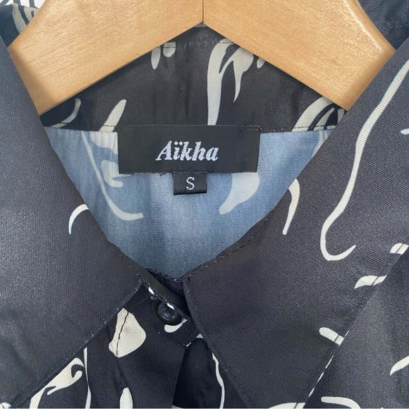 Aikha Black Faces Long sleeve Satin Mini Shirt Dress - Picture 3 of 4